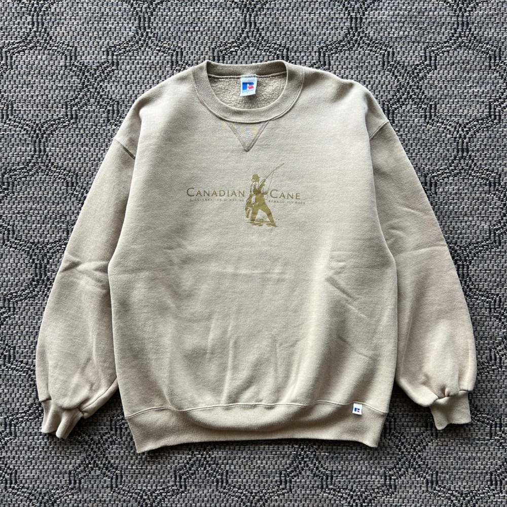 Vintage Russell Athletic Sweatshirt Mens Large Tan Canadian Cane Fly Fishing